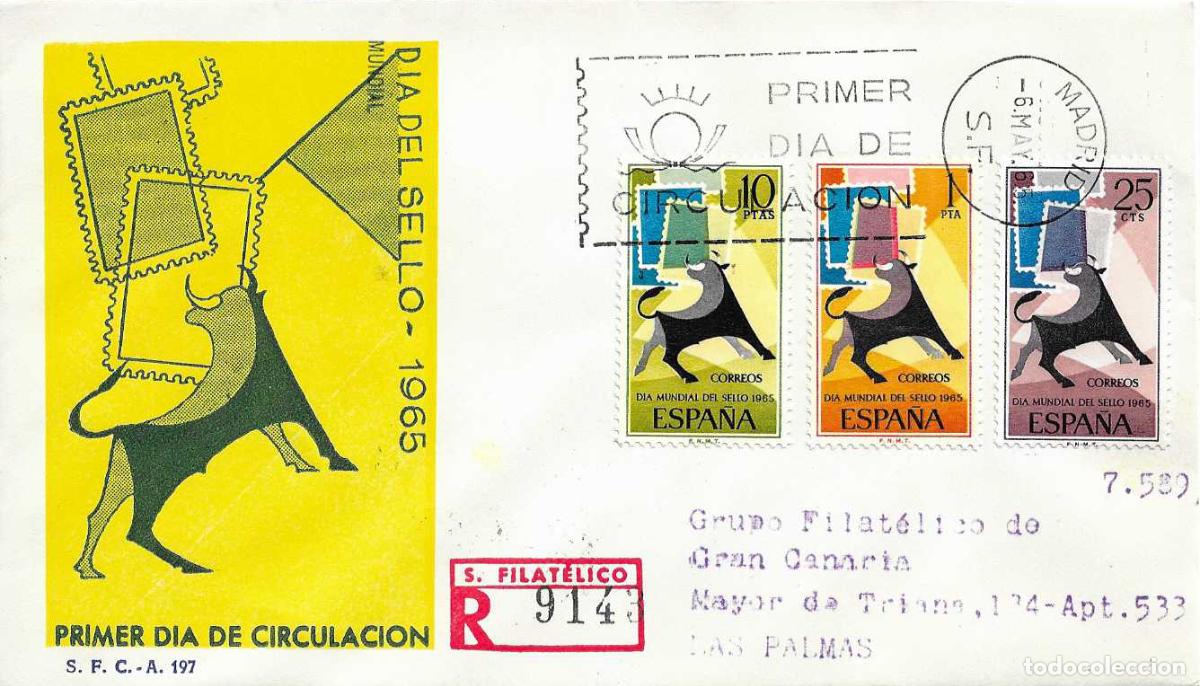 Sellos: TOROS TAUROMAQUIA DIA MUNDIAL DEL SELLO 1965 (EDIFIL 1667/69) SPD CIRCULADO SERVICIO FILATELICO XZX