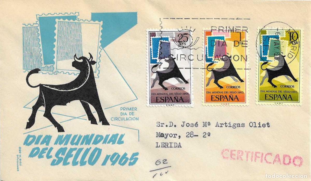 Sellos: TOROS TAUROMAQUIA DIA MUNDIAL DEL SELLO 1965 (EDIFIL 1667/69) EN SOBRE PRIMER DIA CIRCULADO MS RARO