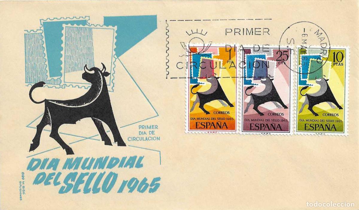 Sellos: TOROS TAUROMAQUIA DIA MUNDIAL DEL SELLO 1965 (EDIFIL 1667/69) SOBRE PRIMER DIA SIN CIRCULAR MS RARO