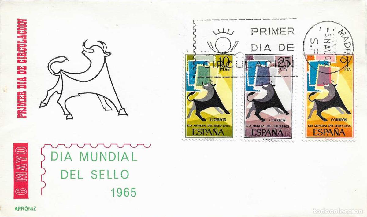 Sellos: TOROS TAUROMAQUIA DIA MUNDIAL DEL SELLO 1965 (EDIFIL 1667/69) EN SOBRE PRIMER DE ARRONIZ RARO XZX