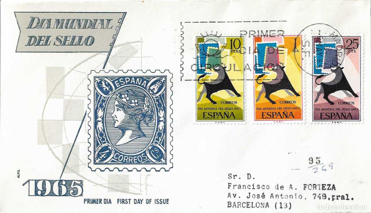 Sellos: TOROS TAUROMAQUIA DIA MUNDIAL DEL SELLO 1965 (EDIFIL 1667/69) SOBRE PRIMER DIA CIRCULADO ALFIL RARO