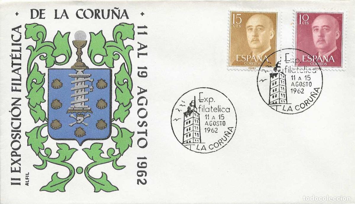 Sellos: FAROS TORRE DE HERCULES II EXPOSICION, LA CORU&Ntilde;A 1962. RARO MATASELLOS EN SOBRE SIN CIRCULAR ALFIL