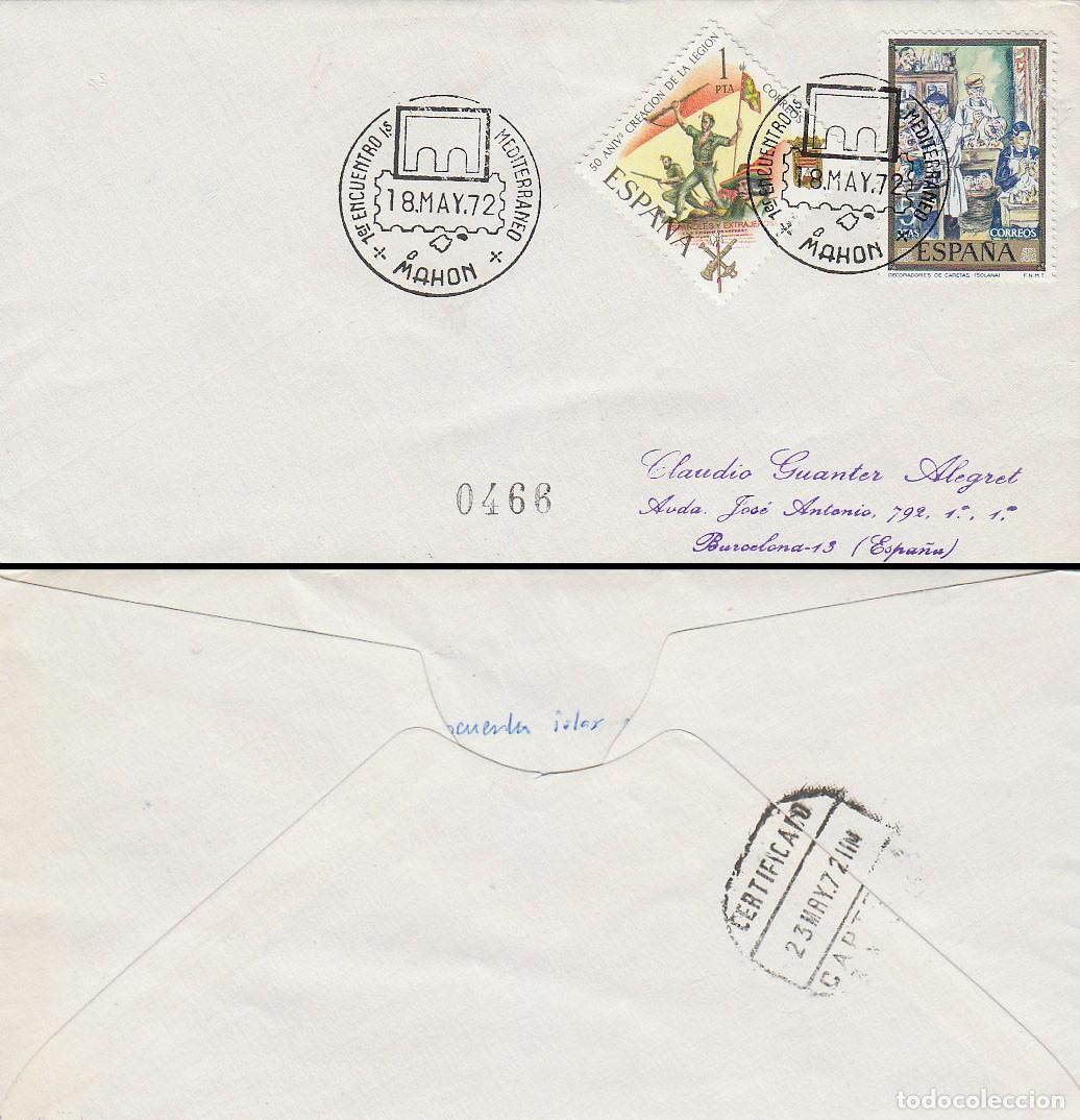 Sellos: A&Ntilde;O 1972, MAHON, MENORCA), PRIMER ENCUENTRO DE LAS ISLAS DEL MEDITERRANEO, SOBRE CIRCULADO