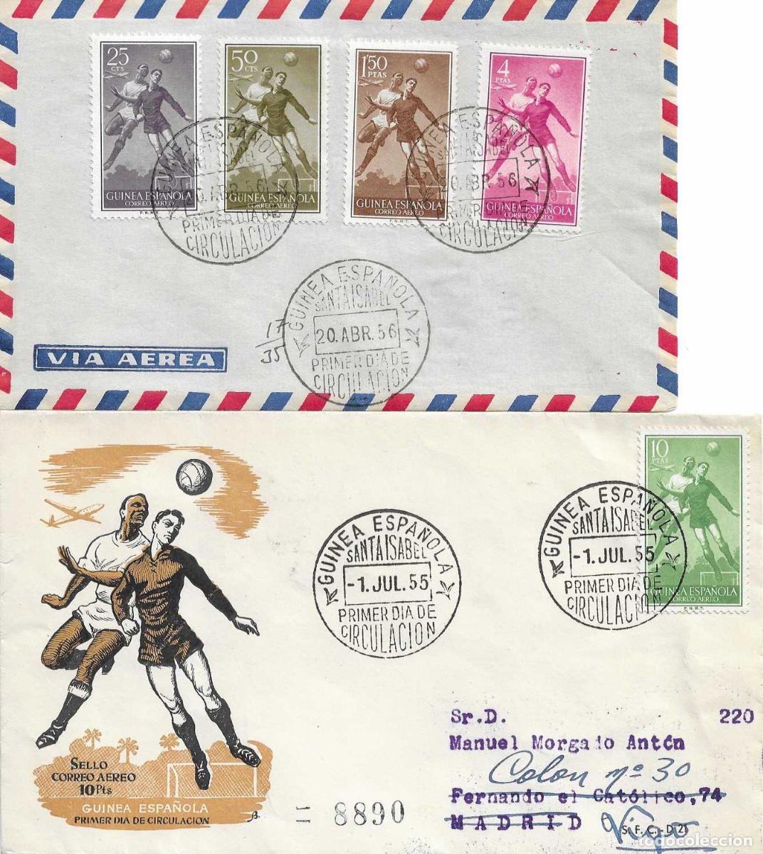 Francobolli: GUINEA ESPA&Ntilde;OLA FUTBOL SERIE BASICA 1955-1956 (EDIFIL 350/54) EN DOS SOBRES PRIMER DIA MUY RARO VER