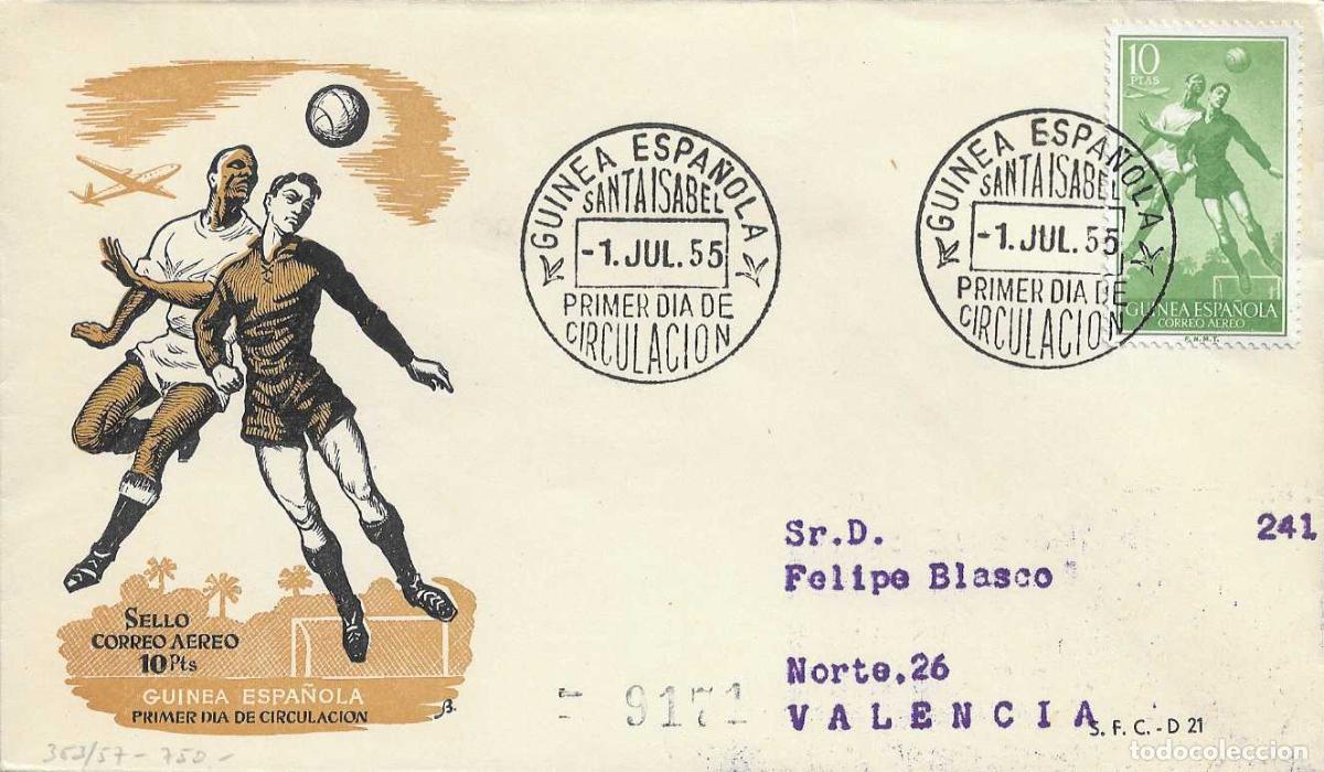 Sellos: GUINEA ESPA&Ntilde;OLA FUTBOL SERIE BASICA 1955-1956 (EDIFIL 354) EN SPD CIRCULADO DEL SERVICIO FILATELICO