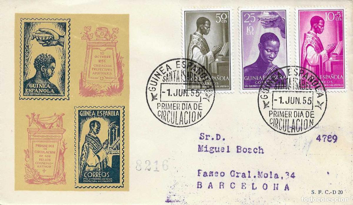 Sellos: GUINEA ESPA&Ntilde;OLA CENTENARIO PREFECTURA 1955 (EDIFIL 344/46) EN SPD CIRCULADO DEL SERVICIO FILATELICO