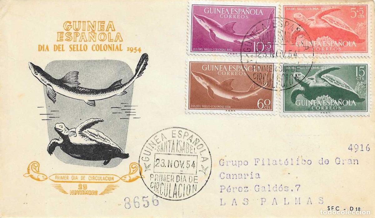 Sellos: GUINEA ESPA&Ntilde;OLA FAUNA MARINA DIA DEL SELLO COLONIAL 1954 (EDIFIL 338/41) EN SPD SERVICIO FILATELICO