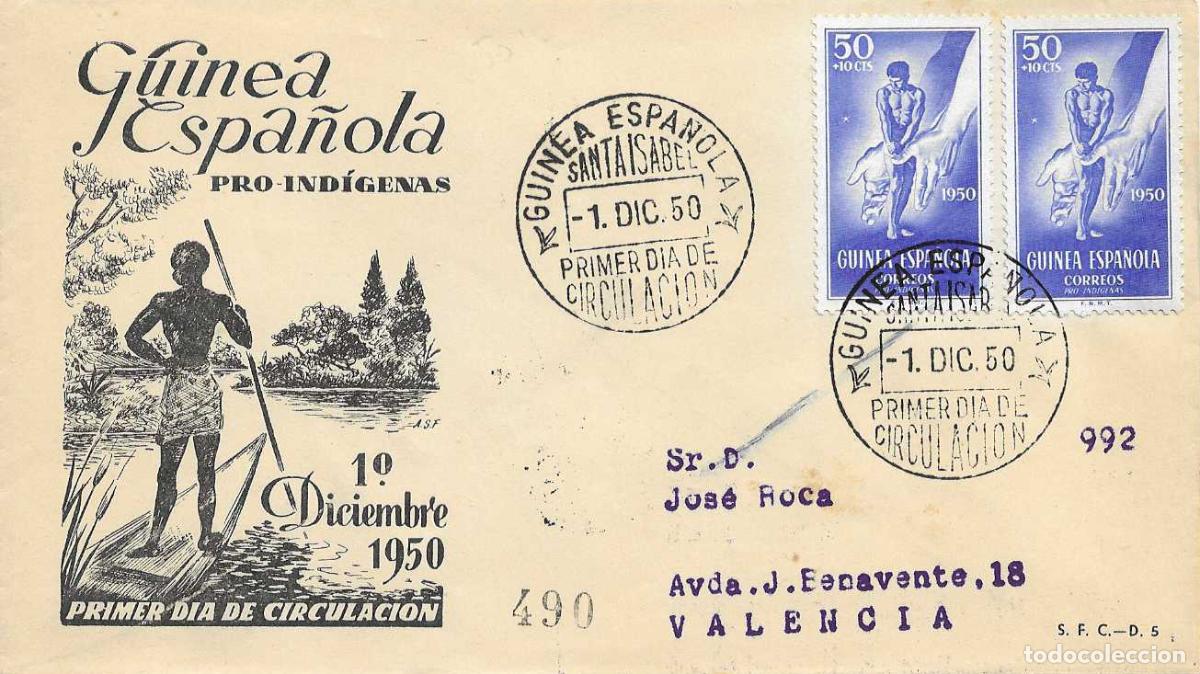 Sellos: PRO INDIGENAS GUINEA ESPA&Ntilde;OLA 1950 (EDIFIL 295 DOS SELLOS) EN SPD CIRCULADO DEL SERVICIO FILATELICO