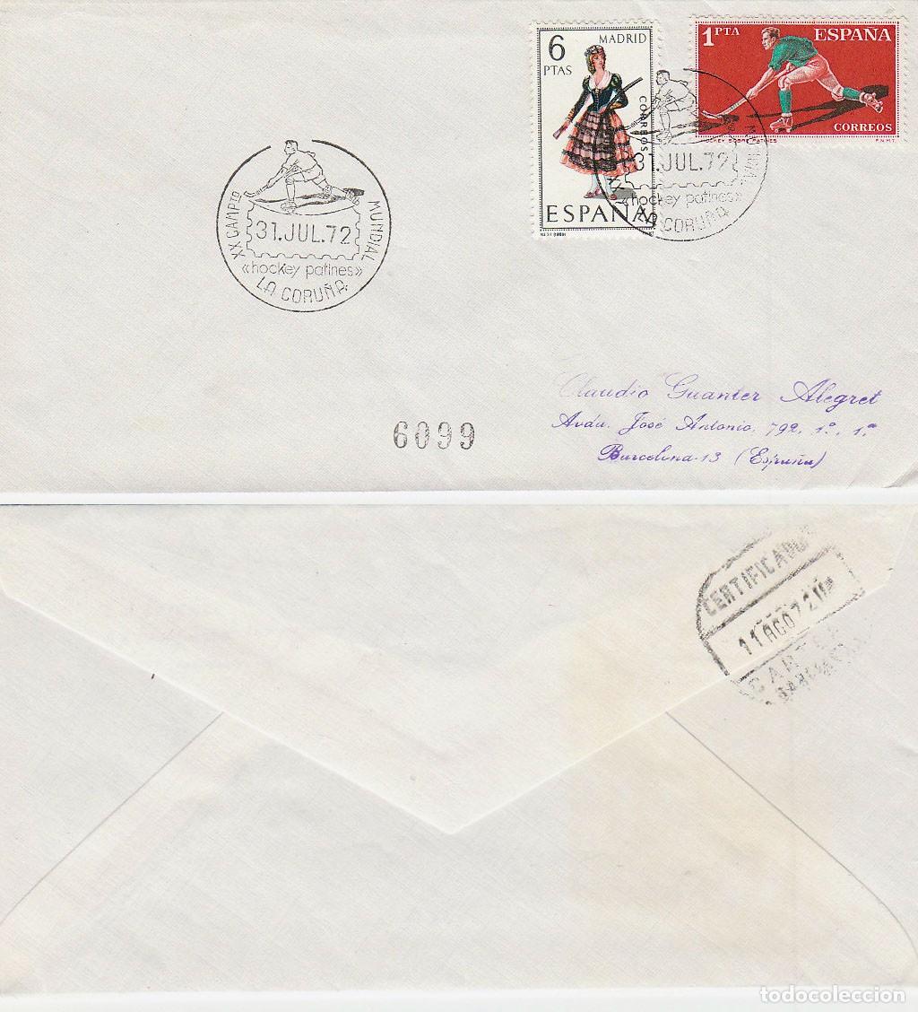 Sellos: A&Ntilde;O 1972, LA CORU&Ntilde;A, CAMPEONATO DEL MUNDO DE HOCKEY SOBRE PATINES, SOBRE CIRCULADO CON SELLO HOCKEY