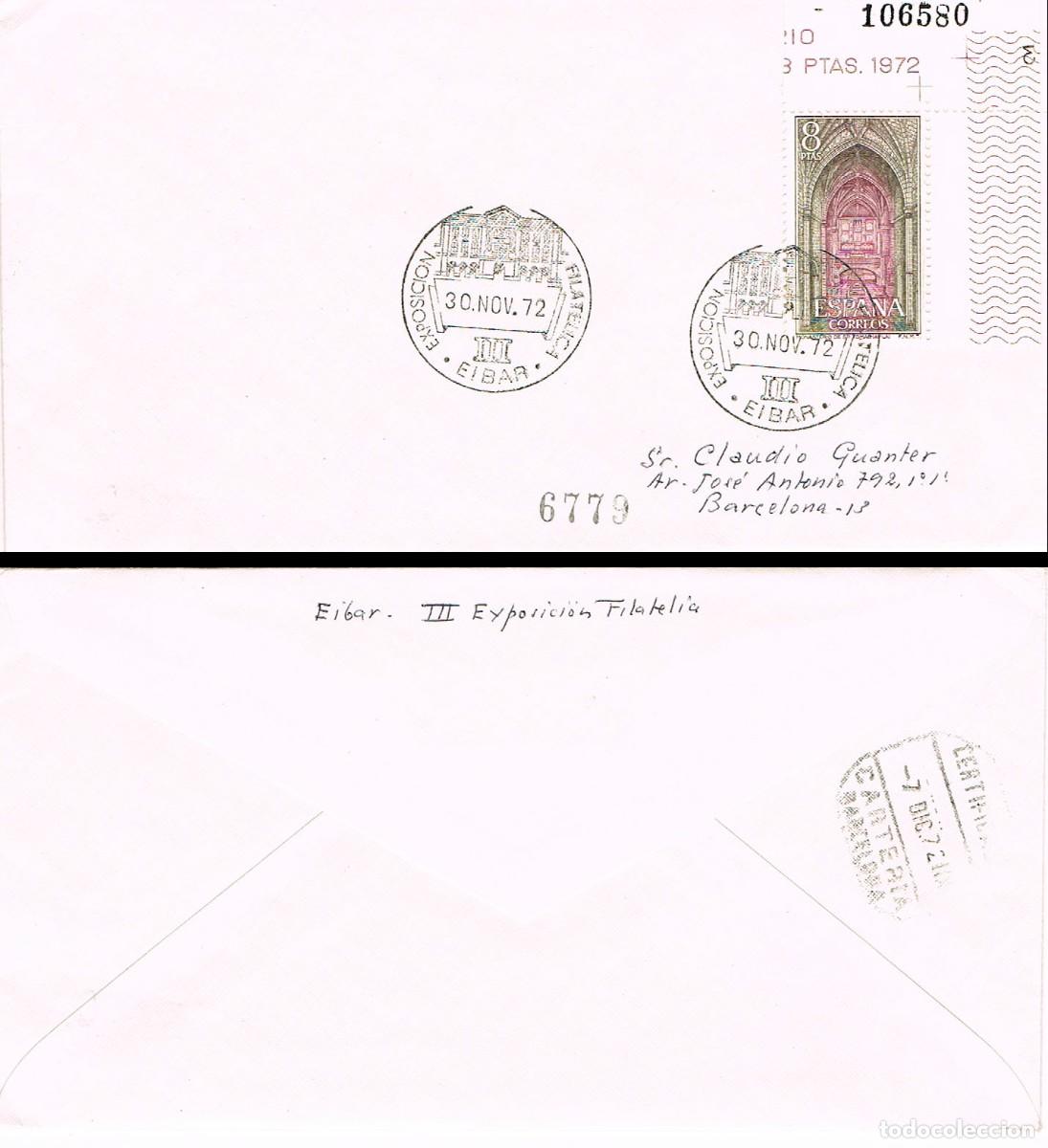 Sellos: A&Ntilde;O 1972, EIBAR (GUIPUZCOA), AYUNTAMIENTO, EXPOSICION FILATELICA, SOBRE CIRCULADO