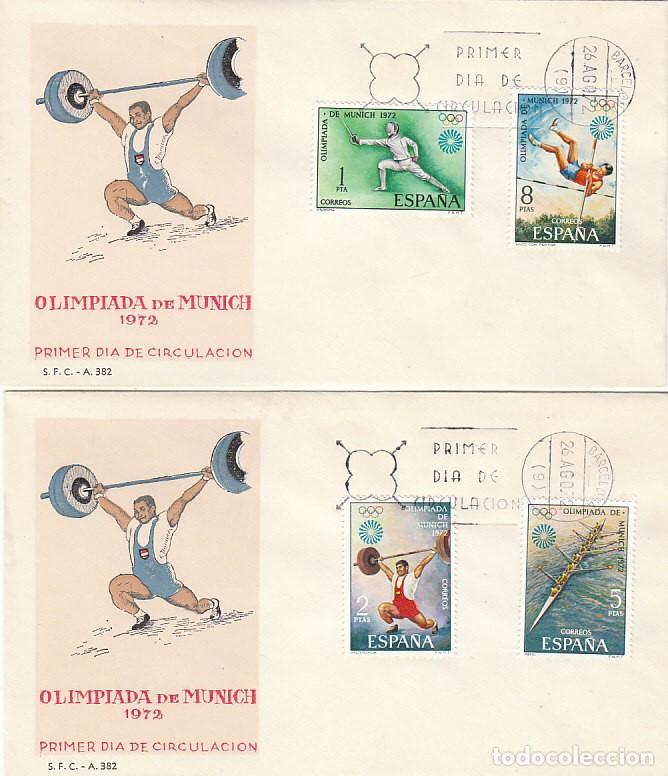 Sellos: EDIFIL 2098/101, JUEGOS OLIMPICOS DE MUNICH, PRIMER D&Iacute;A DE 26-8-1972 2 SOBRES DE MUNDO FILATELICO