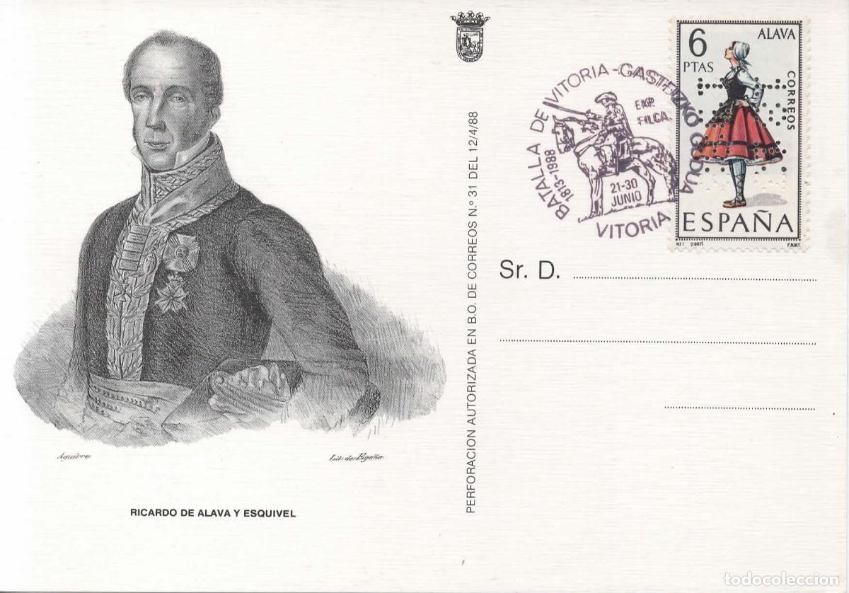 Sellos: VITORIA ALAVA TARJETA C0N MAT BATALLA DE VITORIA NAPOLEON CON PERFORADO PERFIN 1813-1988
