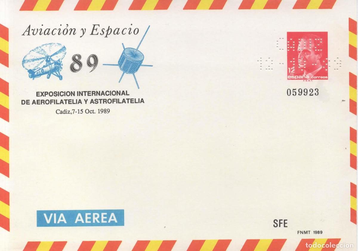 Sellos: ENTERO POSTAL AVIACION Y ESPACIO 89 CON PERFORADO PERFIN CADIZ 12-10-89 SATELITE AUTOGIRO