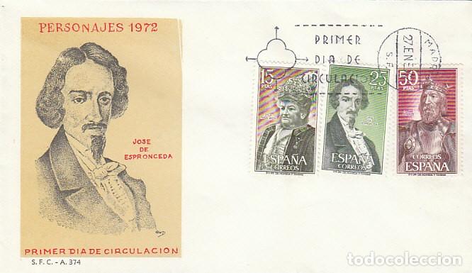 Sellos: EDIFIL 2071/3, PERSONAJES 1972 (ESPRONCEDA, PARDO BAZAN Y FERNAN GONZALEZ, PRIMER D&Iacute;A 27-1-1972 SFC