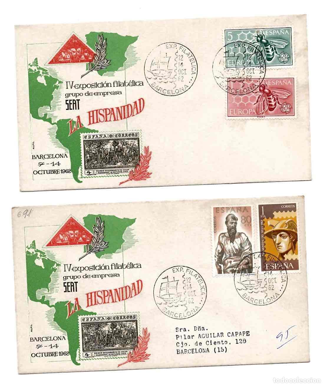 Sellos: LOTE 2 SOBRES PRIMER DIA IV EXPOSICION FILATELICA GRUPO DE EMPRESA SEAT BARCELONA. OCTUBRE 1962