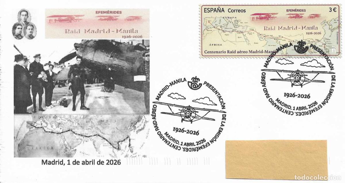 Sellos: RAID AEREO MADRID-MANILA CENTENARIO EFEMERIDES 2026 (EDIFIL 5904) SPD PRESENTACION MADRID RARO ASI