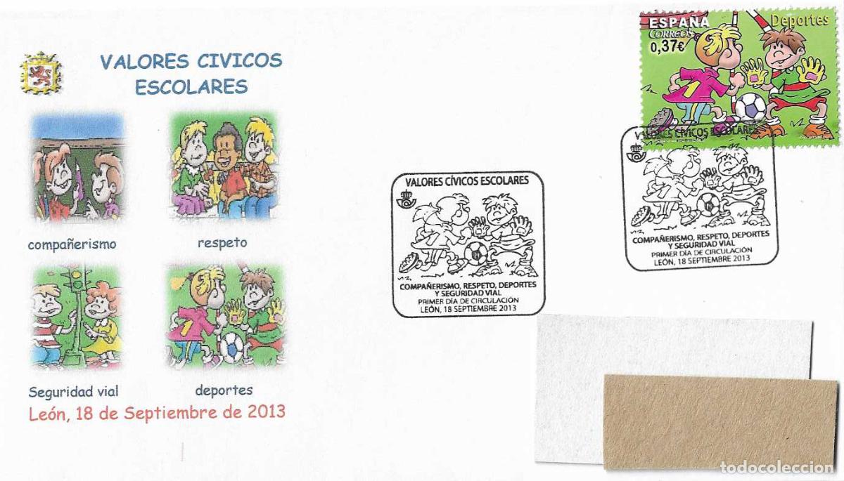 Sellos: DEPORTES VALORES CIVICOS ESCOLARES 2013 (EDIFIL SH 4814 C) EN SOBRE PRIMER DIA MOD 1 MATASELLOS LEON