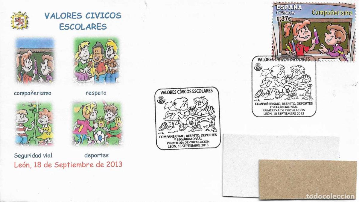 Sellos: COMPA&Ntilde;ERISMO VALORES CIVICOS ESCOLARES 2013 (EDIFIL SH 4814 A) SOBRE PRIMER DIA MOD 1 MATASELLO LEON