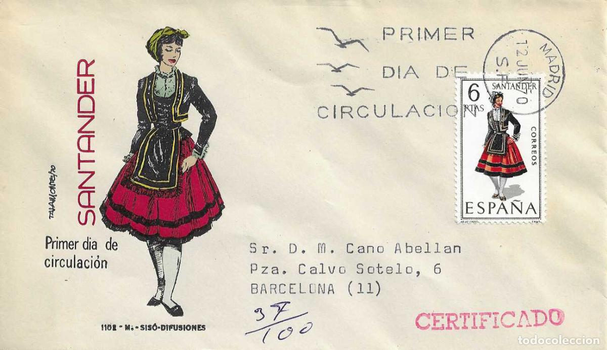 Sellos: TRAJE DE SANTANDER CANTABRIA TRAJES TIPICOS ESPA&Ntilde;OLES 1970 (EDIFIL 1954) EN SPD CIRCULADO DE MS RARO