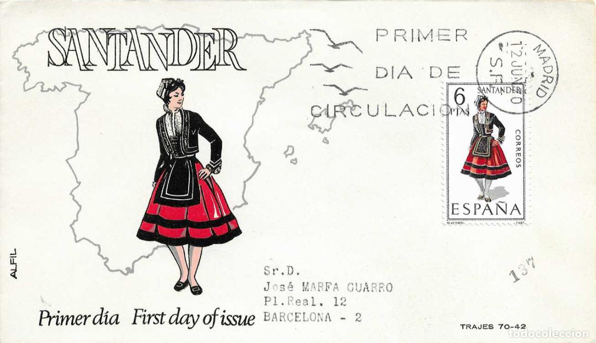 Sellos: TRAJE DE SANTANDER CANTABRIA TRAJES TIPICOS ESPA&Ntilde;OLES 1970 (EDIFIL 1954) EN SPD CIRCULADO ALFIL RARO