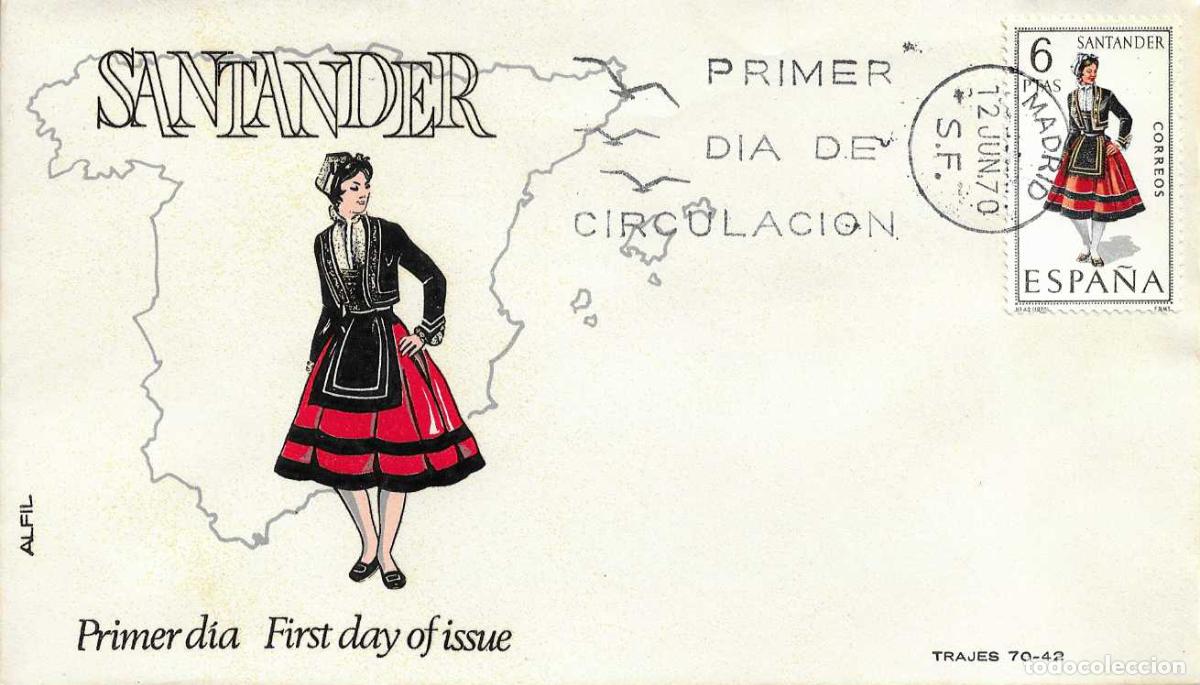 Sellos: TRAJE DE SANTANDER CANTABRIA TRAJES TIPICOS ESPA&Ntilde;OLES 1970 (EDIFIL 1954) SPD SIN CIRCULAR ALFIL RARO