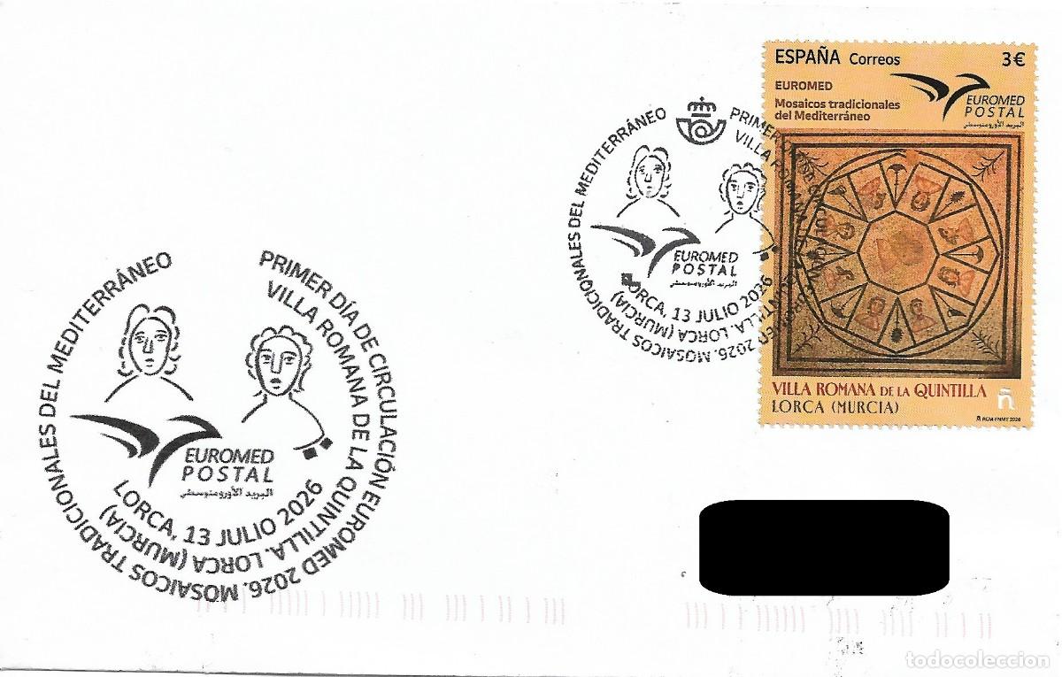 Sellos: ESPA&Ntilde;A. SOBRE PRIMER DIA. ARQUEOLOGIA. VILLA ROMANA DE LA QUINTILLA. LORCA. 2026