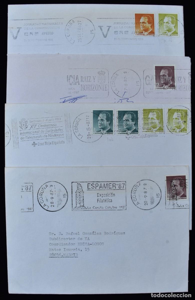 Sellos: 4 cartas La Coru&ntilde;a, con franqueo mec&aacute;nico rodillo publicitario. 1986 y 1987.