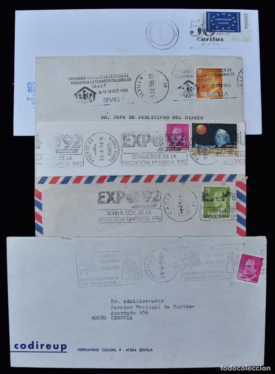 Sellos: 5 cartas Sevilla con franqueo mec&aacute;nico rodillo publicitario y matasellos especiales.