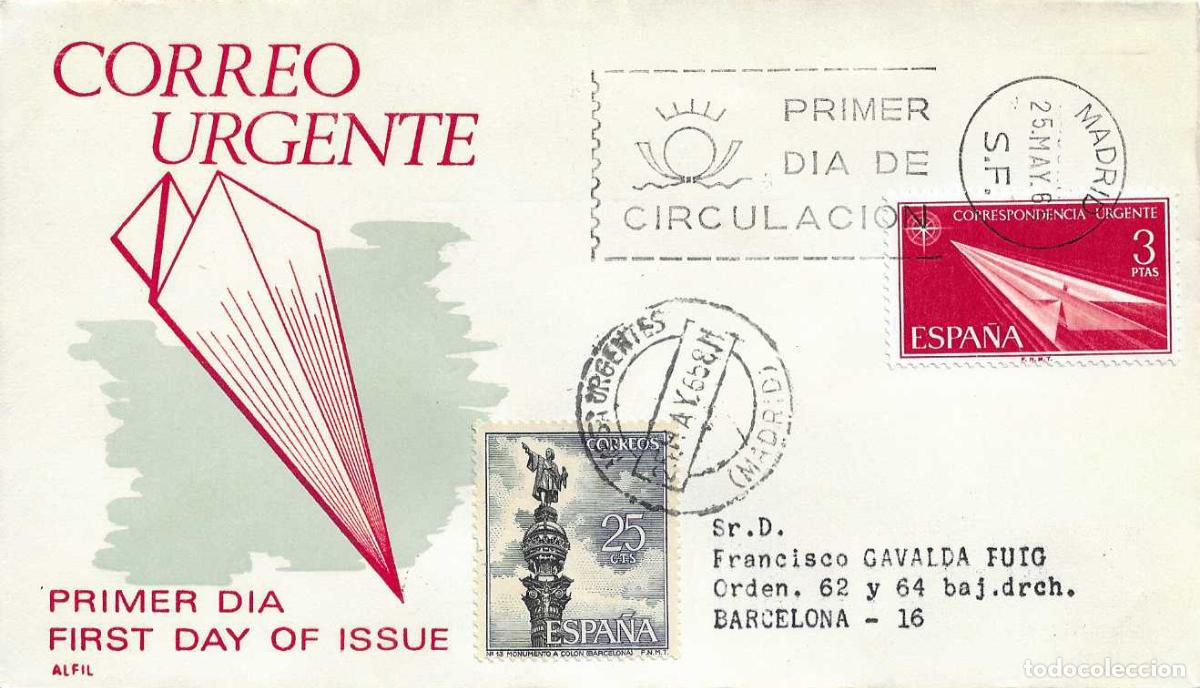 Sellos: NUEVO SELLO PARA LA CORRESPONDENCIA URGENTE 1965 (EDIFIL 1671) SOBRE PRIMER DIA CIRCULADO ALFIL RARO
