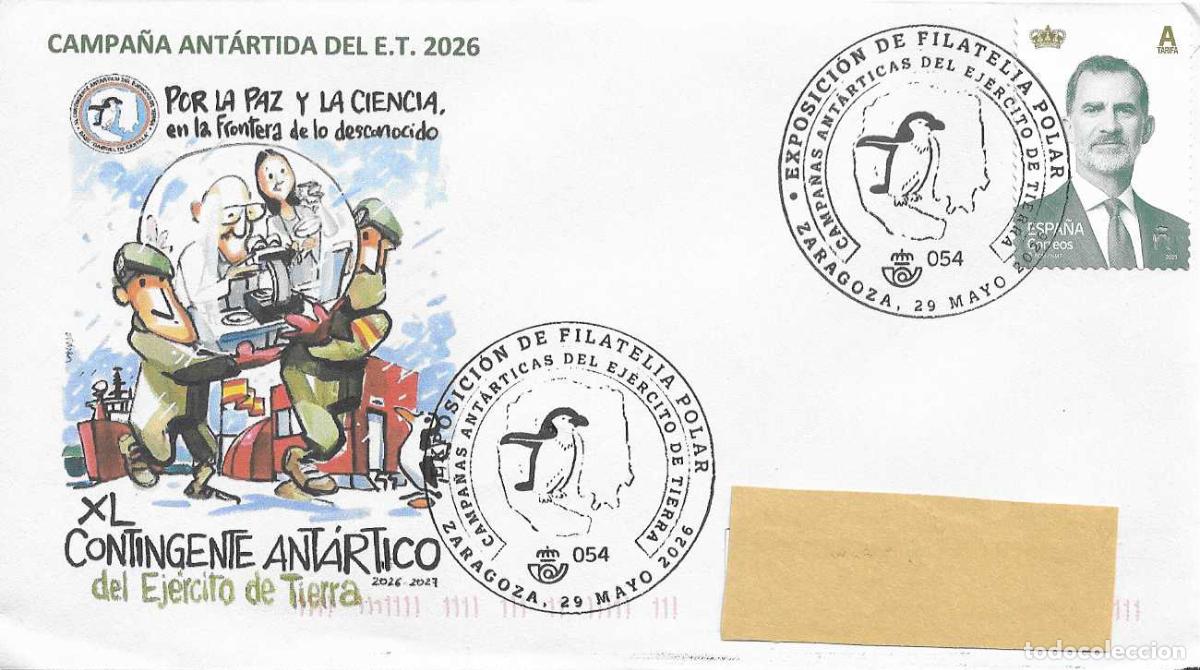 Sellos: POLAR CAMARAS ANTARTICAS EJERCITO DE TIERRA, ZARAGOZA 2026 MATASELLOS RARO SOBRE CIRCULADO ILUSTRADO