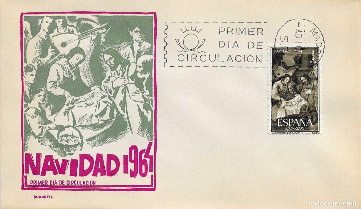 Sellos: NAVIDAD 1964 PINTURA NACIMIENTO ZURBARAN (EDIFIL 1630) EN SOBRE PRIMER DIA DE SOBREFIL RARO ASI