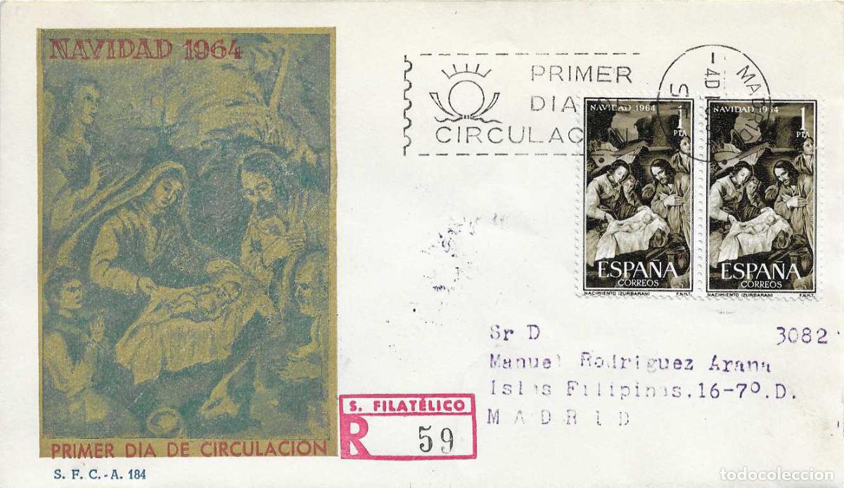 Sellos: NAVIDAD 1964 PINTURA DE ZURBARAN (EDIFIL 1630 DOS SELLOS) EN SPD CIRCULADO SERVICIO FILATELICO RARO