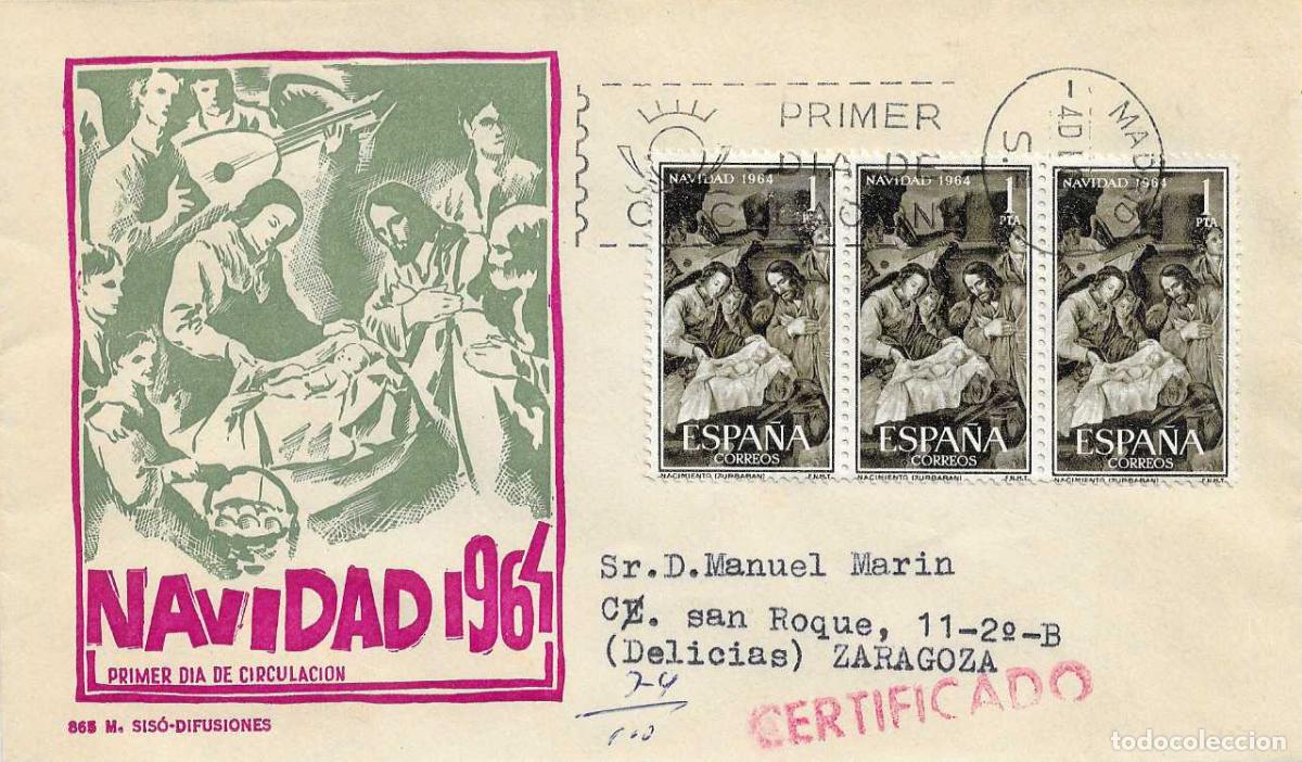 Sellos: NAVIDAD 1964 NACIMIENTO DE ZURBARAN (EDIFIL 1630 TRES SELLOS) EN SPD CIRCULADO DE MS RARO ASI