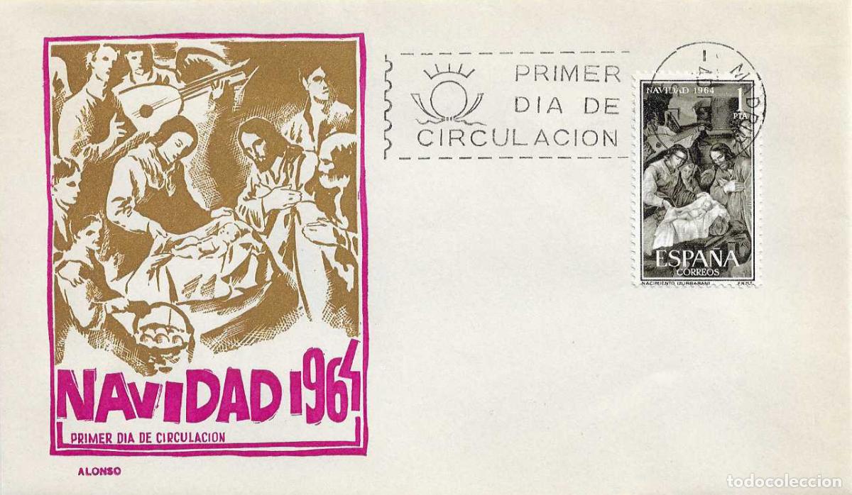 Sellos: NAVIDAD 1964 PINTURA NACIMIENTO ZURBARAN (EDIFIL 1630) SOBRE PRIMER DIA SIN CIRCULAR DE ALONSO RARO