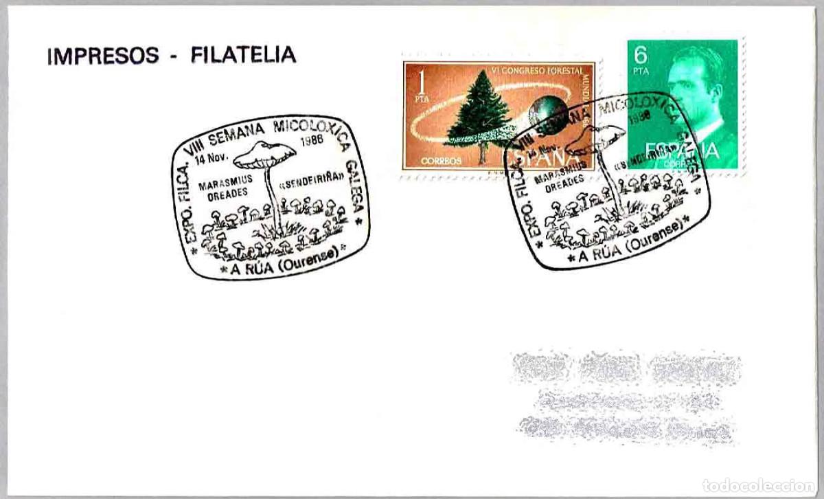 Sellos: Matasellos VIII SEMANA MICOLOXICA - SENDEIRI&Ntilde;A - MARASMUS DREADES. A Rua, Ourense, Galicia, 1986