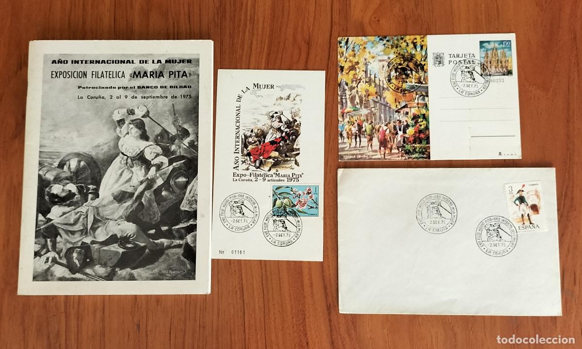 Sellos: CUADERNO GRAPA + SOBRE + 2 TARJETA (PRIMER DIA) EXPOSICI&Oacute;N FILAT&Eacute;LICA 'MAR&Iacute;A PITA' 1975.