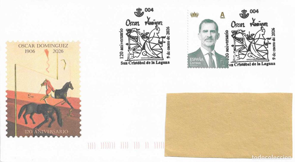Sellos: PINTURA OSCAR DOMINGUEZ 120 ANIVERSARIO, SAN CRISTOBAL LAGUNA (CANARIAS) 2026. MATASELLOS RARO SOBRE