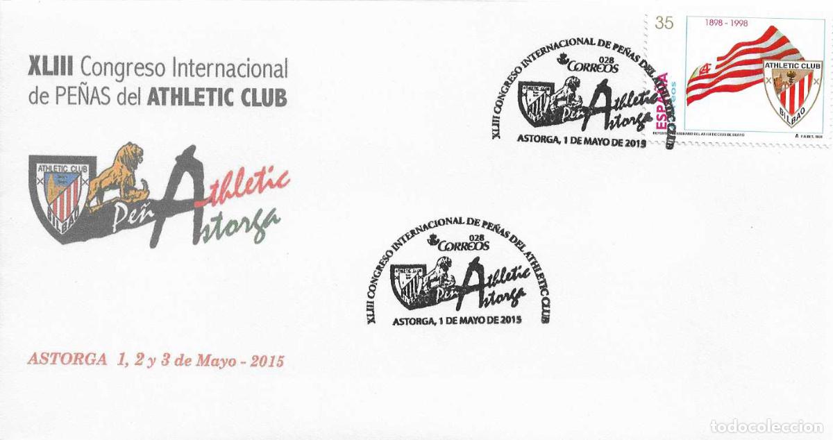 Sellos: FUTBOL ATHLETIC CLUB XLIII CONGRESO INTERNACIONAL PE&Ntilde;AS, ASTORGA (LEON) 2015. MATASELLOS RARO SOBRE