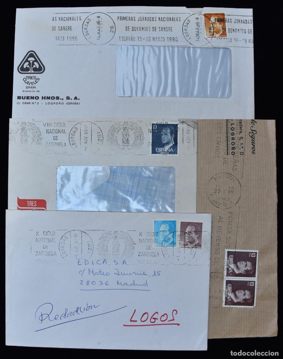 Timbres: 4 cartas Logro&ntilde;o con franqueo mec&aacute;nico rodillo publicitario. 1985 - 1989.
