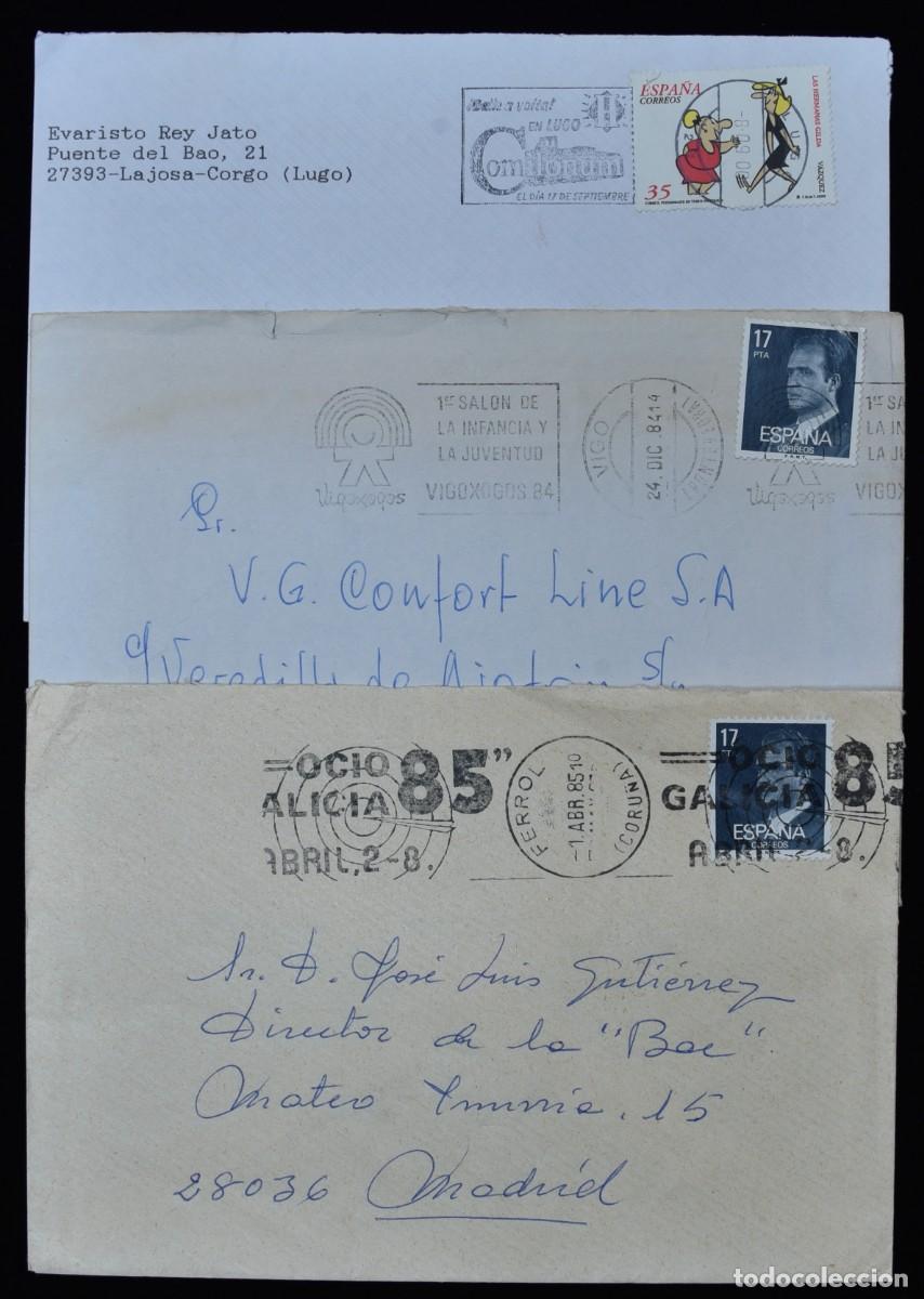 Timbres: 3 cartas de Lugo, Vigo - Pontevedra y El Ferrol - La Coru&ntilde;a con franqueo mec&aacute;nico publicitario.