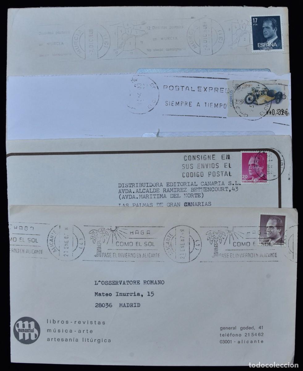 Timbres: 4 cartas Alicante, Ibi, Elche y Murcia con franqueo mec&aacute;nico rodillo publicitario.