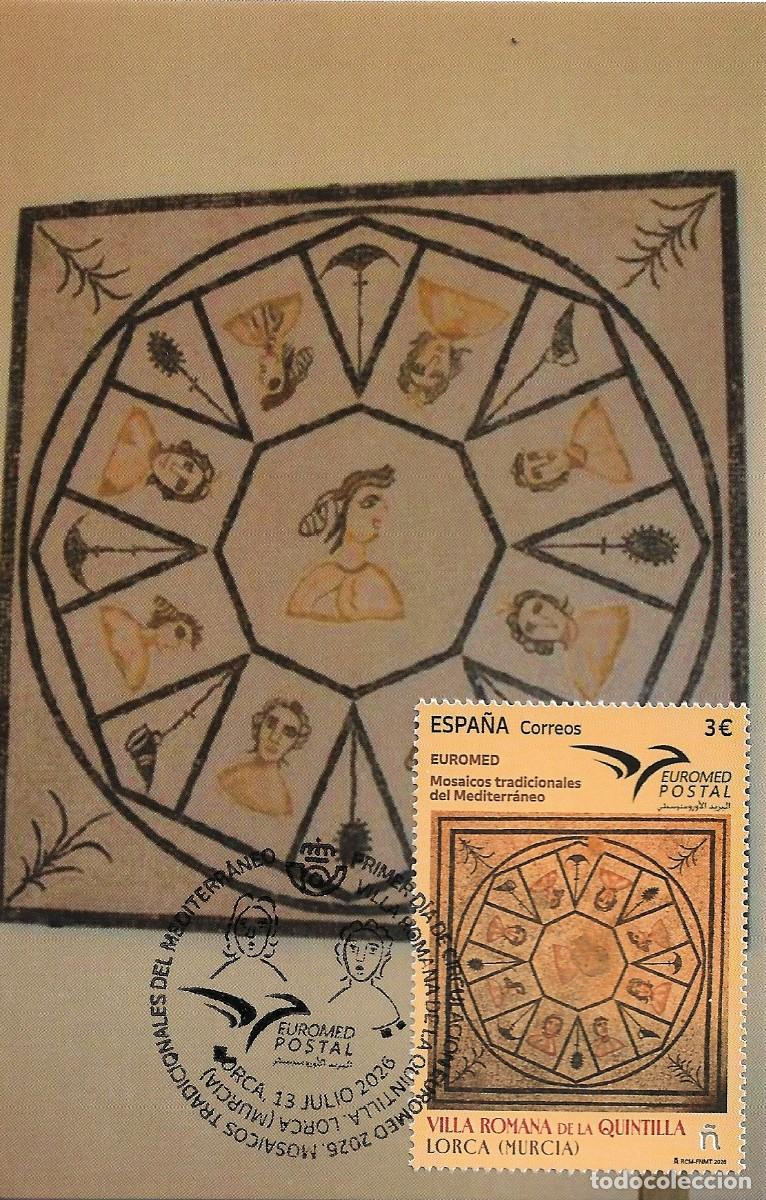 Sellos: ESPA&Ntilde;A. TARJETA MAXIMA PRIMER DIA. MOSAICO DE LAS NUEVE CARAS. VILLA ROMANA DE LA QUINTILLA. 2026