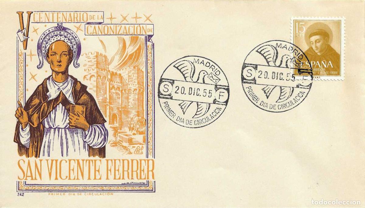 Sellos: SAN VICENTE FERRER V CENTENARIO 1955 (EDIFIL 1183) SOBRE PRIMER DIA SIN CIRCULAR DE DP RELIGION RARO