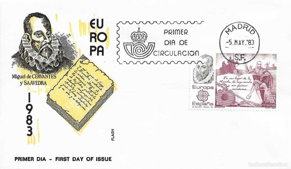 Sellos: DON QUIJOTE CERVANTES EUROPA-CEPT 1983 (EDIFIL 2703) EN SOBRE PRIMER DIA DE FLASH MADRID RARO XZX