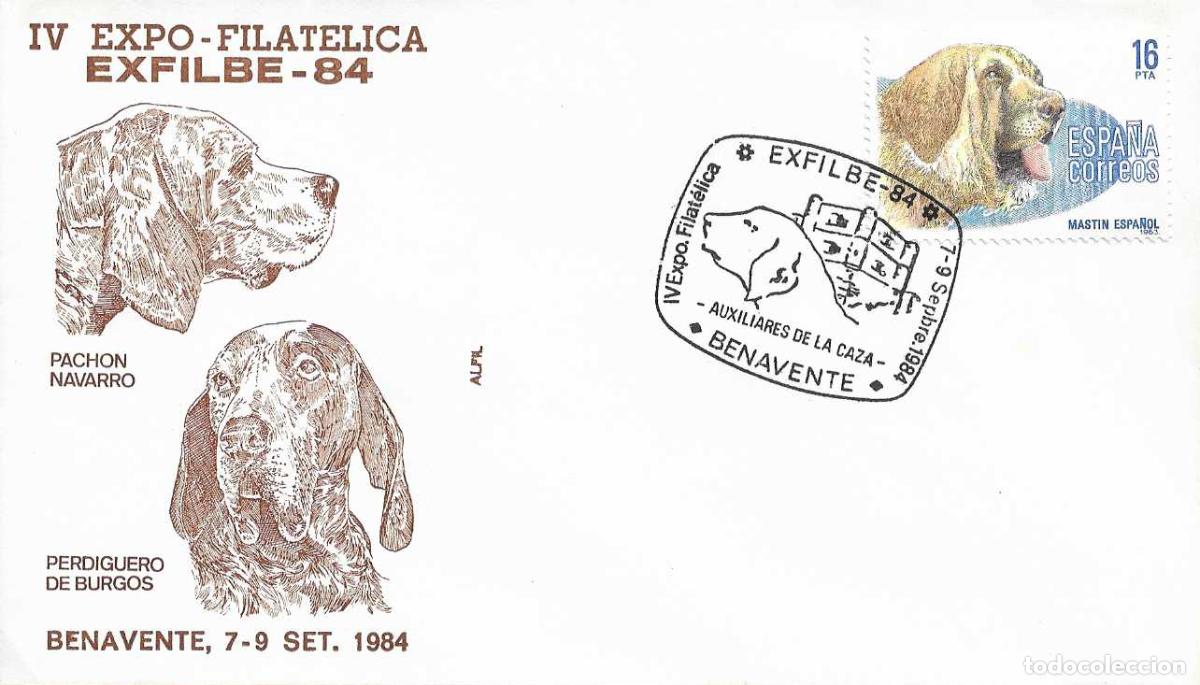 Sellos: CAZA PERROS AUXILIARES EXFILBE 84, BENAVENTE (ZAMORA) 1984. RARO MATASELLOS EN SOBRE DE ALFIL