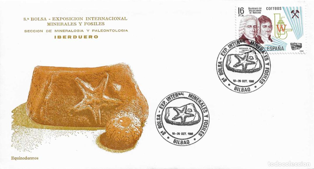 Sellos: MINERALES Y FOSILES 8&ordf; BOLSA EXPOSICION. BILBAO (VIZCAYA) 1985. MATASELLOS EN RARO SOBRE ILUSTRADO