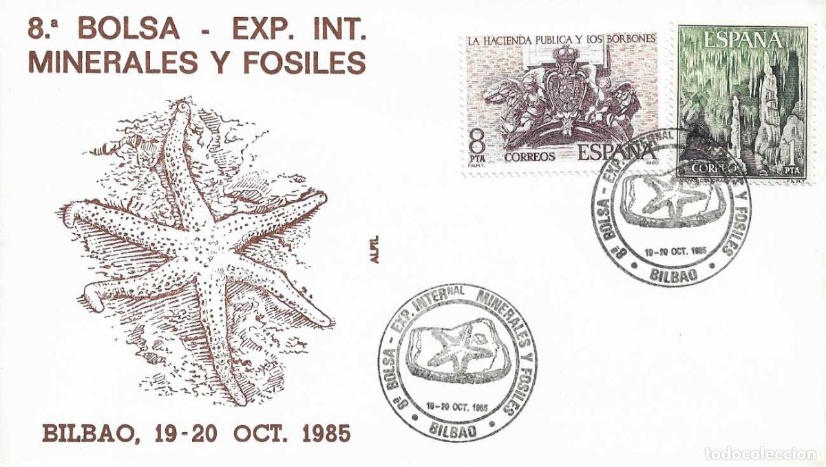 Sellos: MINERALES Y FOSILES 8&ordf; BOLSA EXPOSICION. BILBAO (VIZCAYA) 1985. RARO MATASELLOS EN SOBRE DE ALFIL
