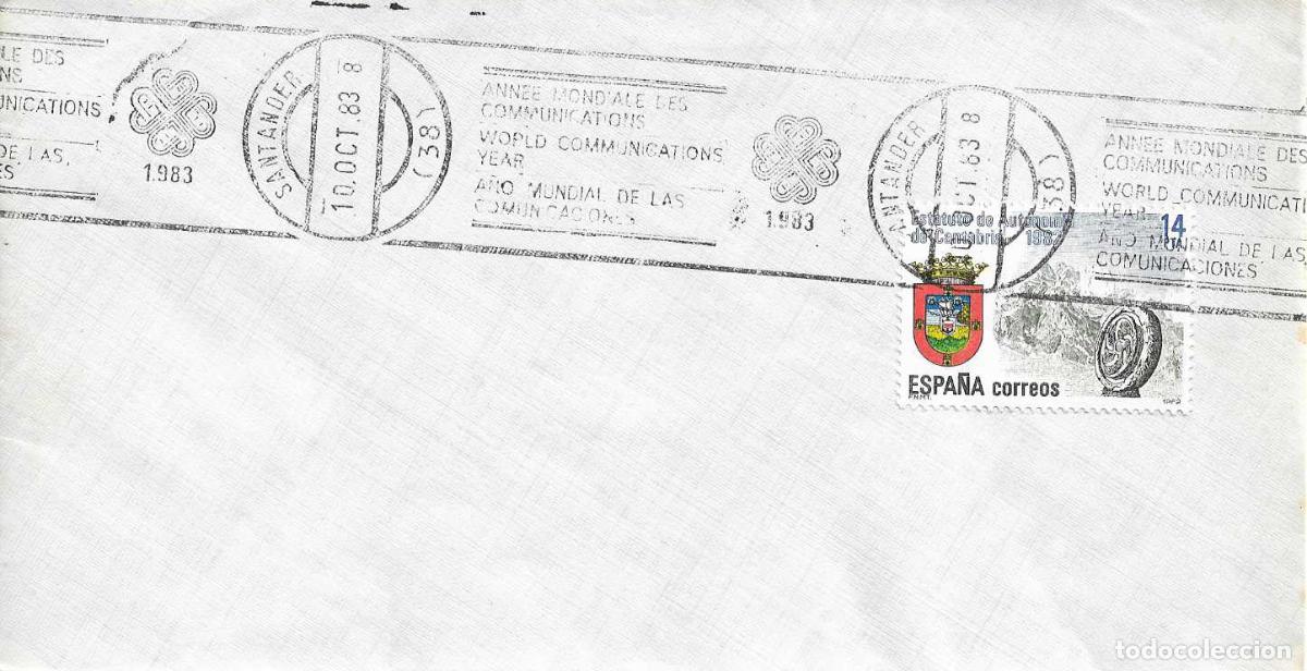 Sellos: A&Ntilde;O MUNDIAL DE LAS COMUNICACIONES, SANTANDER 1983. RARO MATASELLOS DE RODILLO EN SOBRE