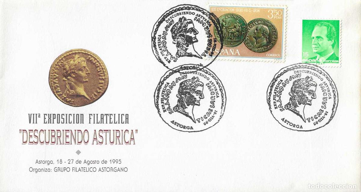 Sellos: ARQUEOLOGIA TIBERIO DESCUBRIENDO ASTURICA EXPOSICION, ASTORGA (LEON) 1995. MATASELLOS RARO SOBRE VER