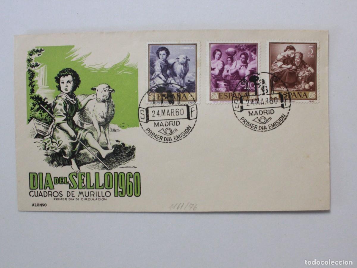 Sellos: Sobre Primer D&iacute;a de Circulaci&oacute;n D&iacute;a del Sello 1960 Cuadros de Murillo Serie Completa